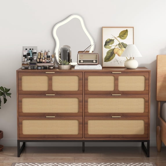 6 Drawer Dresser for Bedroom, Rattan Dresser Drawer with Metal Handles, Modern Wooden Dresser Chest
