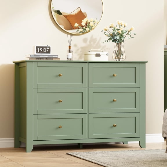 6 Drawer Dresser for Bedroom, Tall Wooden Chest of Drawers with Metal Knobs, Freestanding Storage Cabinet for Entryway, Hallway, Nursery，Light Green