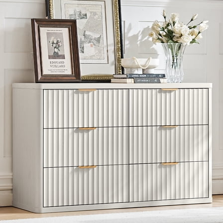 6 Drawer Dresser for Bedroom, White Oak Dresser with Wide Drawers and Metal Handles, Modern Dresser Chest for Bedroom, Living Room, Entryway