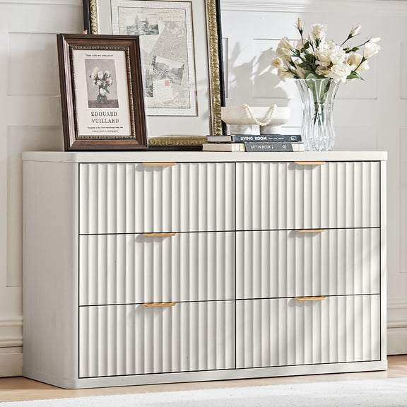 6 Drawer Dresser for Bedroom, White Oak Dresser with Wide Drawers and Metal Handles, Modern Dresser Chest for Bedroom, Living Room, Entryway
