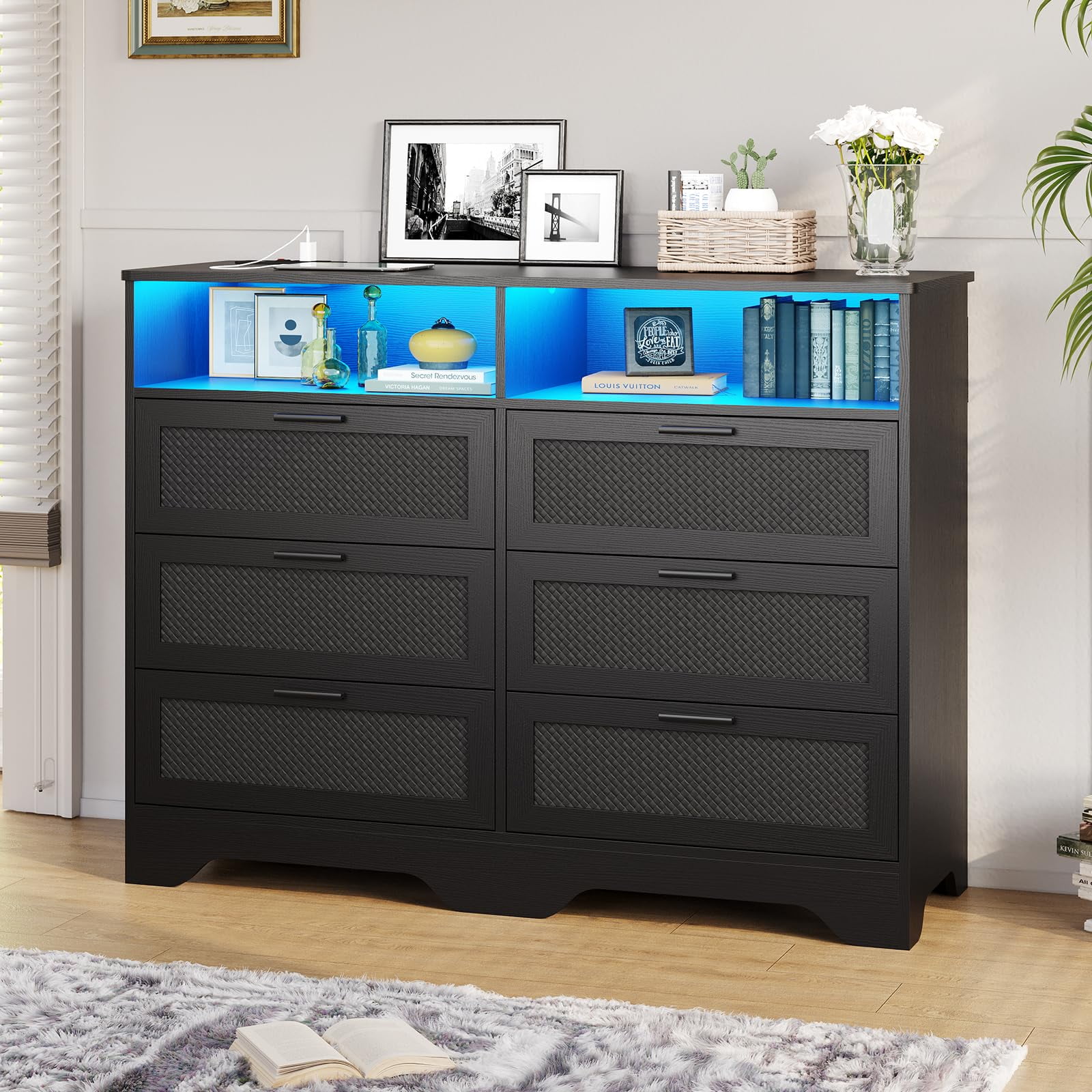 6 Drawer Dresser for Bedroom with LED Lights&Charging Station,Chests of Drawers Storage