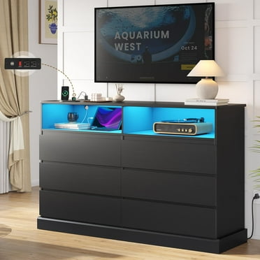 6 Drawer Dresser for Bedroom with LED Lights and Charging Station, Large Chest of Drawers for Bedroom Living Room, Black