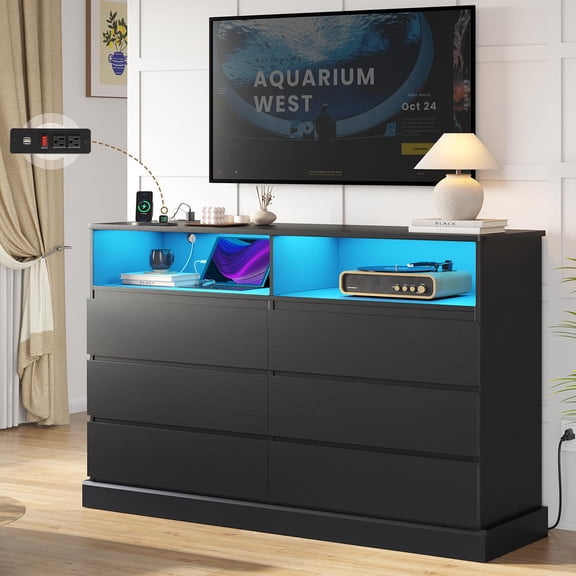 6 Drawer Dresser for Bedroom with LED Lights and Charging Station, Large Chest of Drawers for Bedroom Living Room, Black