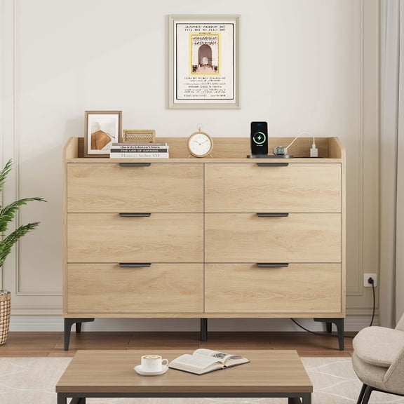 6-Drawer Dresser with Built-In Power Outlets & USB Charging Station, Anti-Tip Safety Deep Storage Cabinet for Bedroom Living Room Entryway - Natural