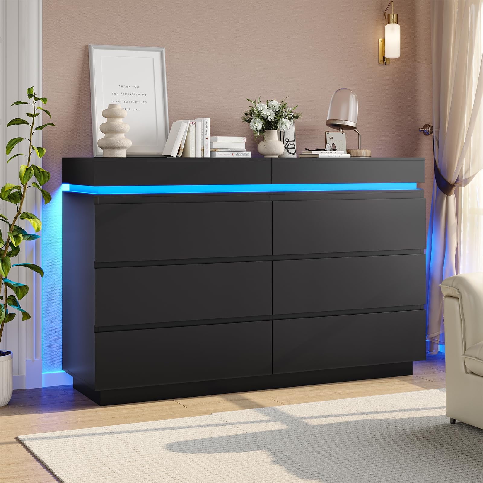 6 Drawer Dresser with Charging Station&LED Lights&Sliding Desktop,Modern Double Dresser Chest of Drawers for Bedroom Living Room Entryway, Black
