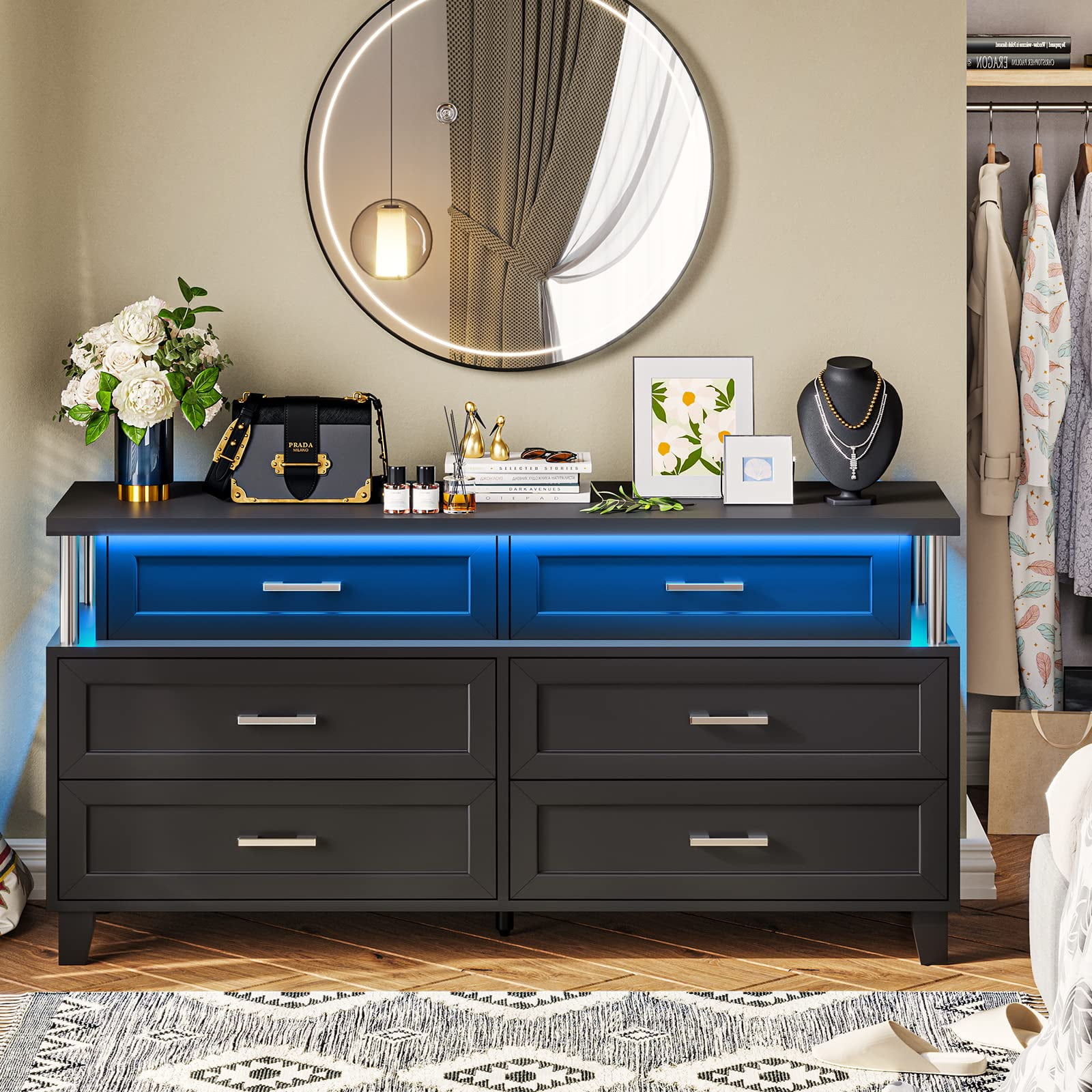 6 Drawer Dresser with LED Light, Chests of Drawers with Column Design