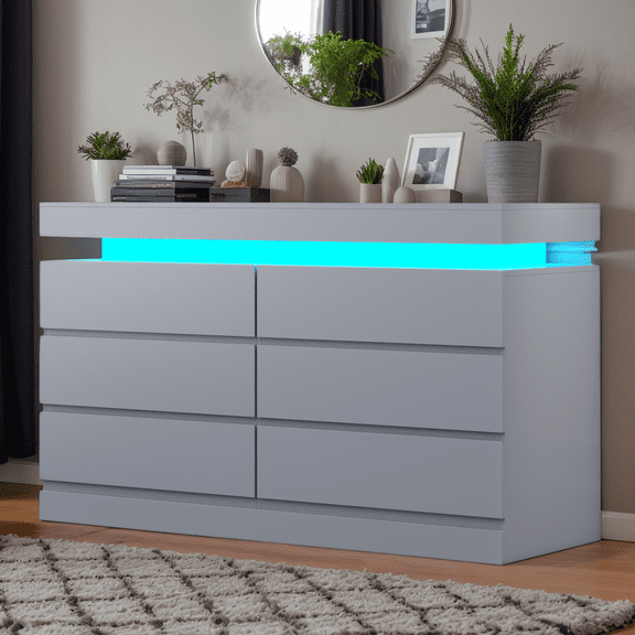 6 Drawer Dresser with LED Light & Power Outlet, Modern Storage Chest for Bedroom and Living Room (Grey)