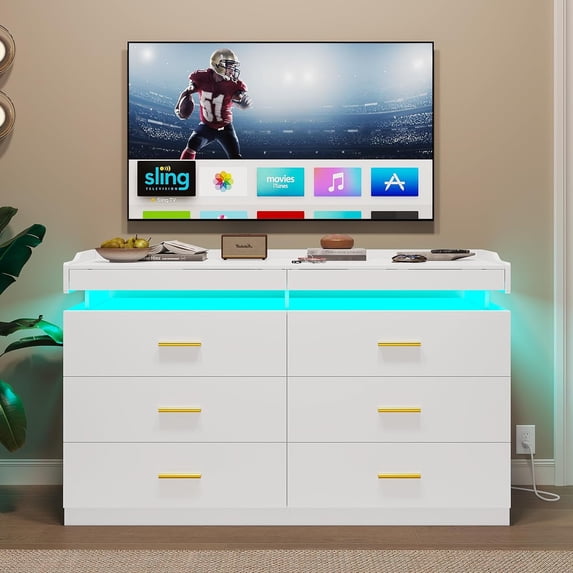 6 Drawer Dresser with LED Light,White Dresser for Bedroom,Wood Chest of Drawers with 2 Pull-Out Trays,Modern Wide Dresser for Living Room Entryway