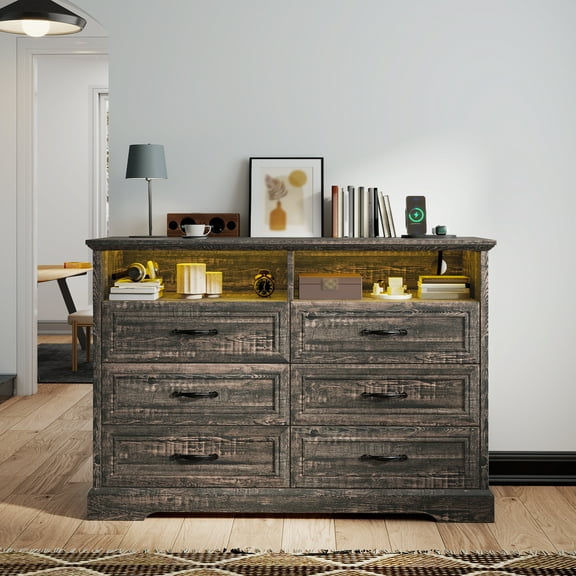 6 Drawer Dresser with LED Lights Chest of Drawers for Bedroom Farmhouse Dresser with Charging Station & Storage Shelf