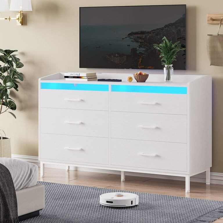 6 Drawer Dresser with LED Lights Wide Dresser for Bedroom Hallway Entryway Classic White