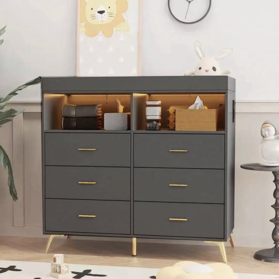 6 Drawer Dresser with LED Lights and Charging Station, Baby Changing Table with Storage, 43 Inches for Nursery Bedroom