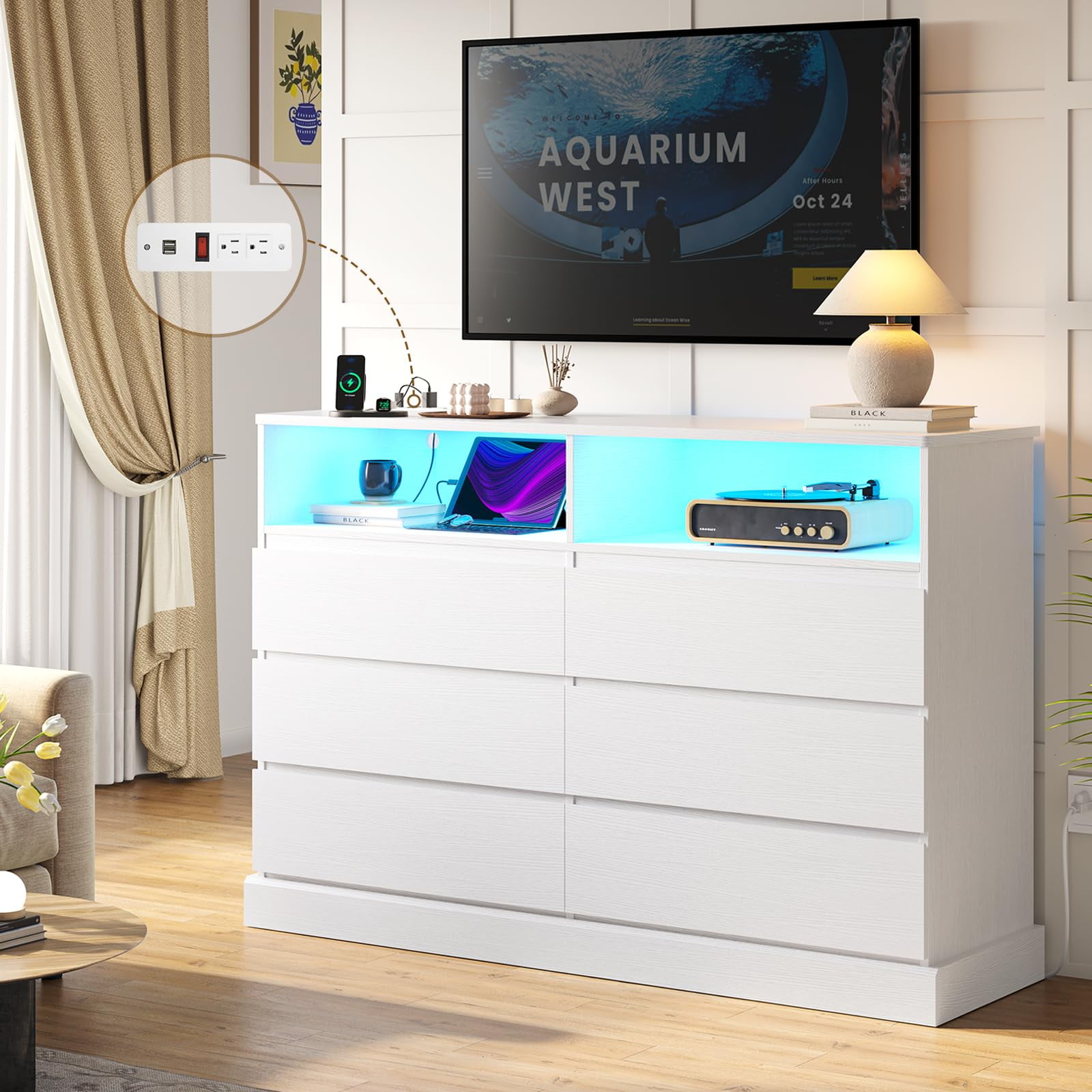 White Mid-Century Modern 6-Drawer Dresser with LED Lights and Charging Station