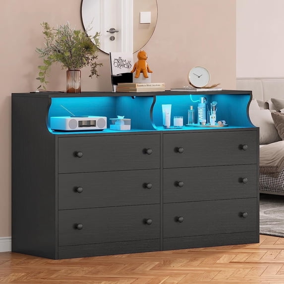 6 Drawer Dresser with LED Lights and Charging Station Modern Chest of Drawers Storage Cabinet for Bedroom Living Room,Black