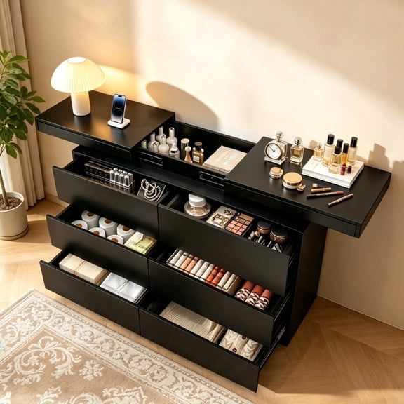 6 Drawer Dresser with LED Lights and Charging Station, Sliding‑Top Modern Storage Chest for Bedroom, Closet, Entryway & Hallway, Black