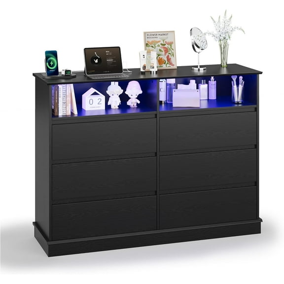 6 Drawer Dresser with LED Lights and Charging Station, Wide Chest of  with Open Space, Modern Large Capacity Storage Cabinet, Living Room, Hallway