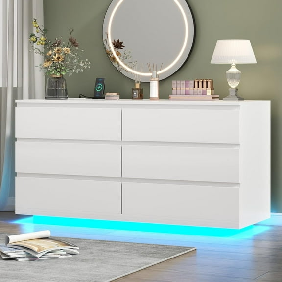 6-Drawer Dresser with Power Outlet, Floating White Chest with LED Light  STIKELY