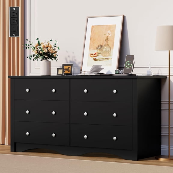 6 Drawer Dresser with Power Outlet, Modern Wooden Chest of Drawers, Multipurpose TV Stand & Closet for Bedroom, Living Room, Hallway (Black)