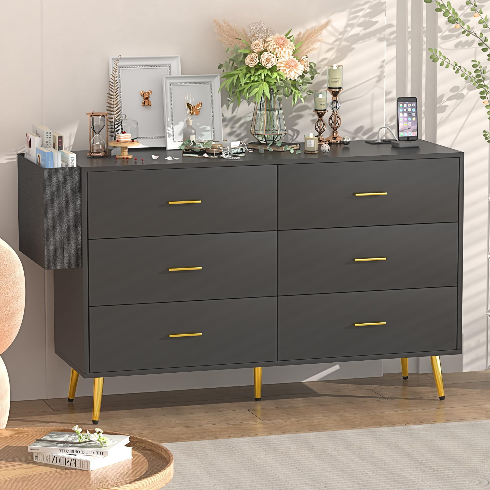 6 Drawer Dresser with Power Outlets, Mid-Century Modern Chest Of Drawers, Double Drawers Dressing Table For Bedroom Living Room Hallway