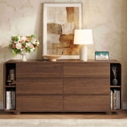 6 Drawer Dresser with Shelves, 63 Wide Bedroom Chest of Drawers, Walnut