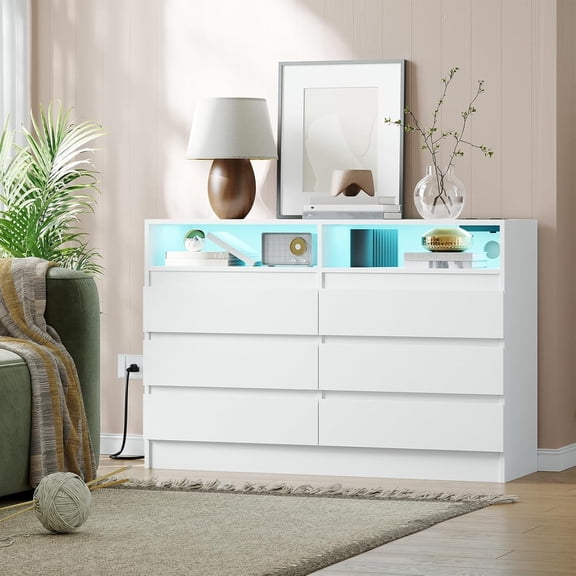 6-Drawer Dresser with USB Ports and LED Lights, Modern Storage Chest with Power Outlets, White