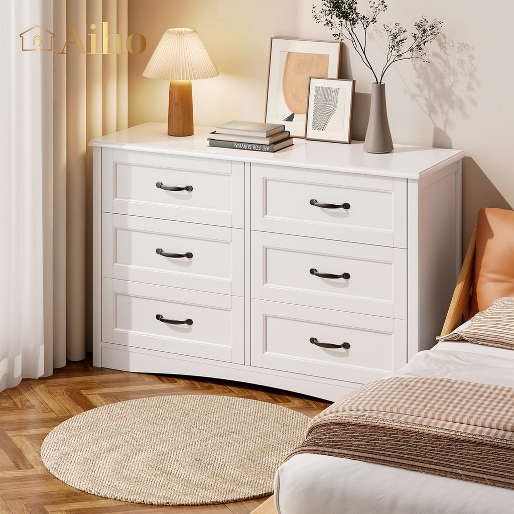 6 Drawer Dressers for Bedroom, Chest of Drawers with Deep Drawers, Large Double Dresser for Closet with Wide Top, Horizontal Wooden Dresser for Living Room, Hallway, Bedroom - White