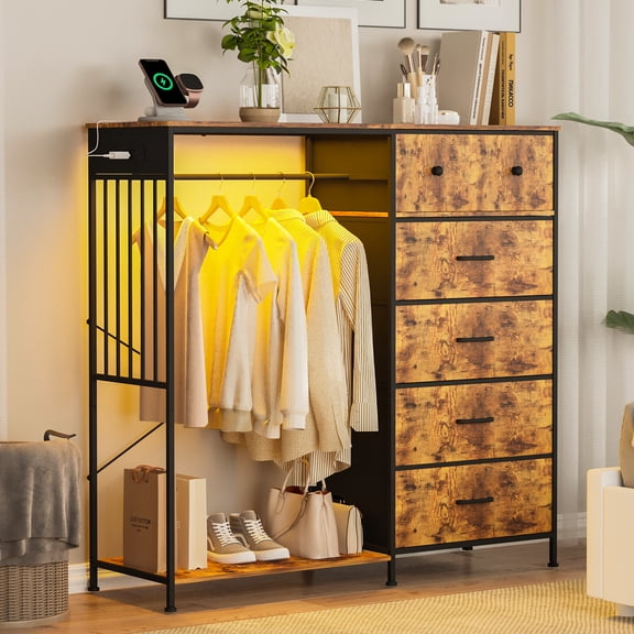 6 Drawer Fabric Dresser with Hanging Rack, Charging Station and LED Lights, Grid Panel for Bedroom Living Room, 49 Inches