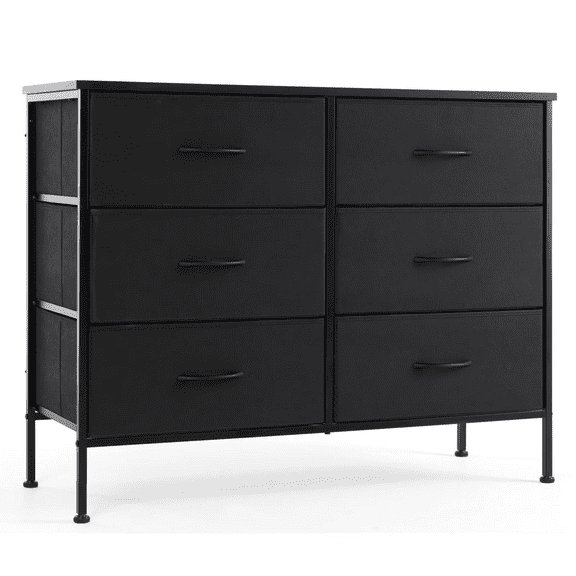 6-Drawer Fabric Dresser with Wood Top - Compact Storage Cabinet for Bedroom and Living Room, Black