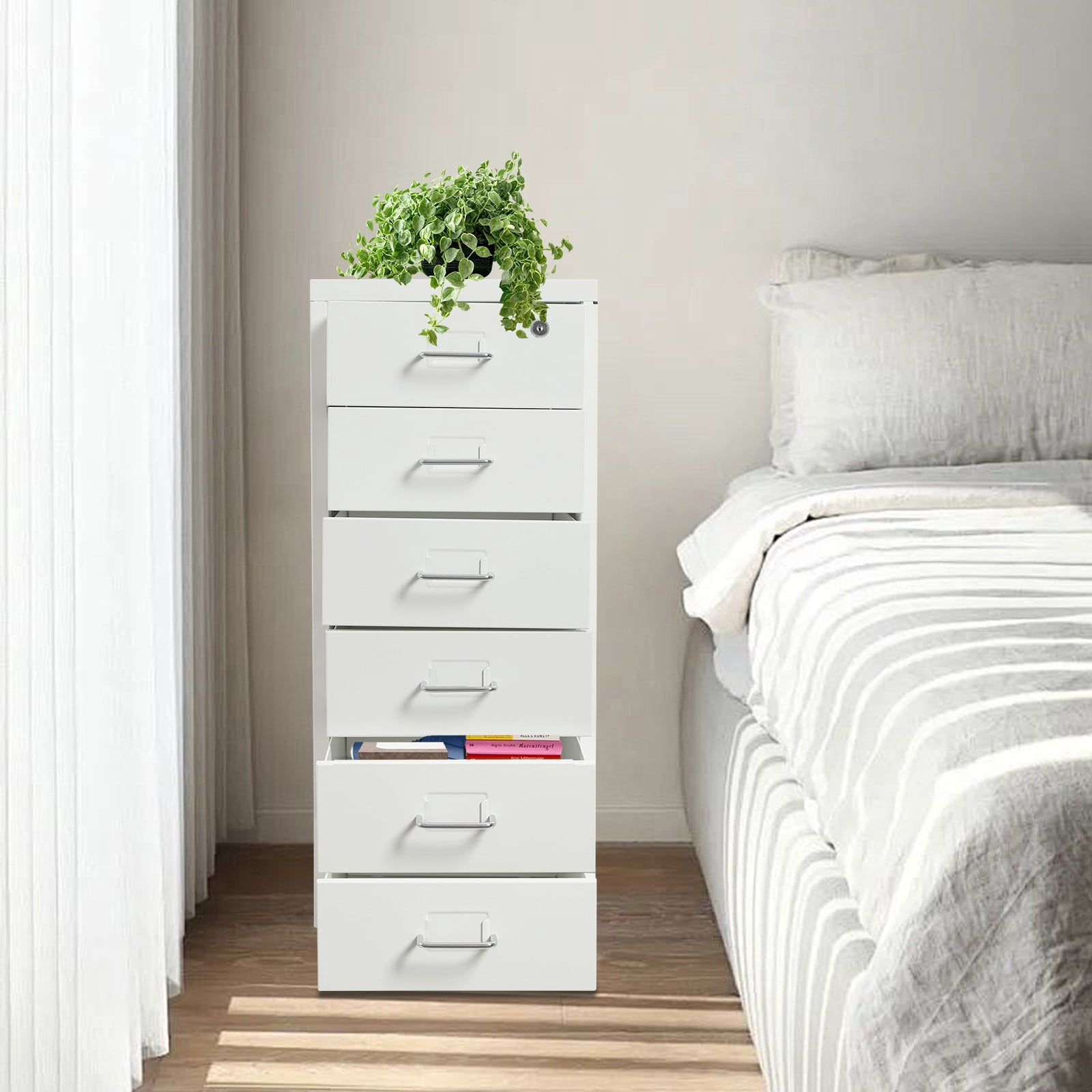 6-Drawer Vertical Metal File Cabinet with Lock & Wheels, White Mobile File Organizer for Home Office & Workplace, Under Desk Cabinets