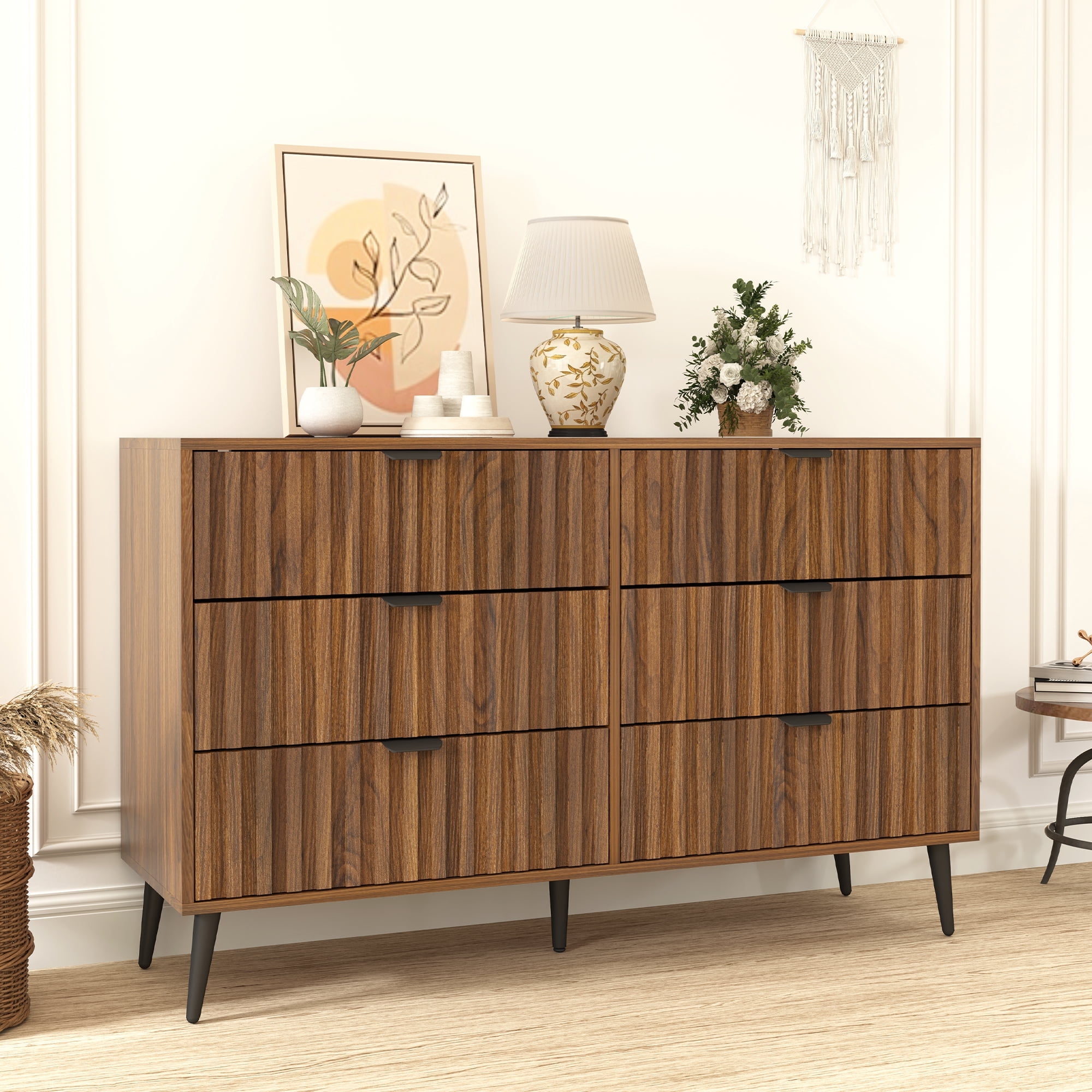 6-Drawer Fluted Dresser – Modern Natural Wood Dresser with Blister Drawers, Brown, Stylish Storage for Bedroom or Office