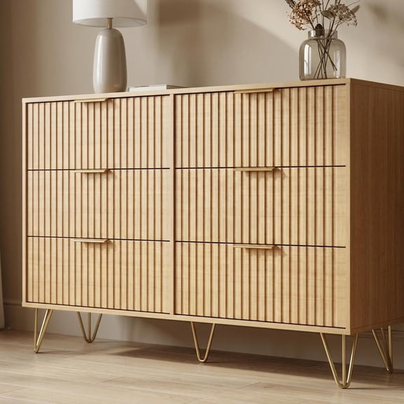 6 Drawer Fluted Dresser with Metal Handles, Wooden Chest for Storage, 55 Inches for Bedroom Living Room