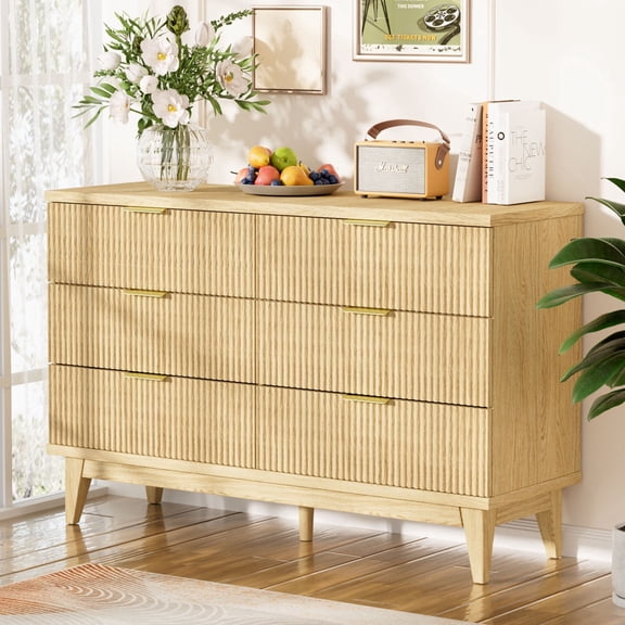 6-Drawer Fluted Oak Dresser, 47" Wide, Golden Handles, TV Stand