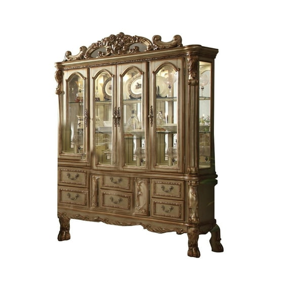 6 Drawer Hutch and Buffet with Crown Top and Claw Feet Gold