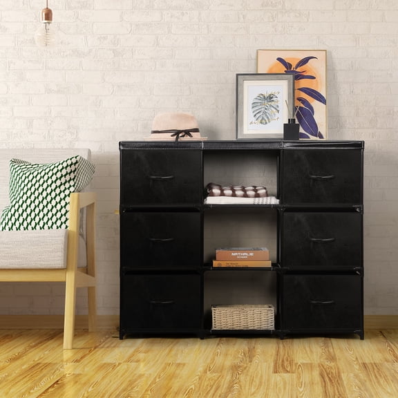 6-Drawer Leather-Covered Storage Cabinet with Fabric Drawers, Steel Frame, Anti-Tip Device, Space-Saving Design for Bedroom, Closet, Living Room, Black