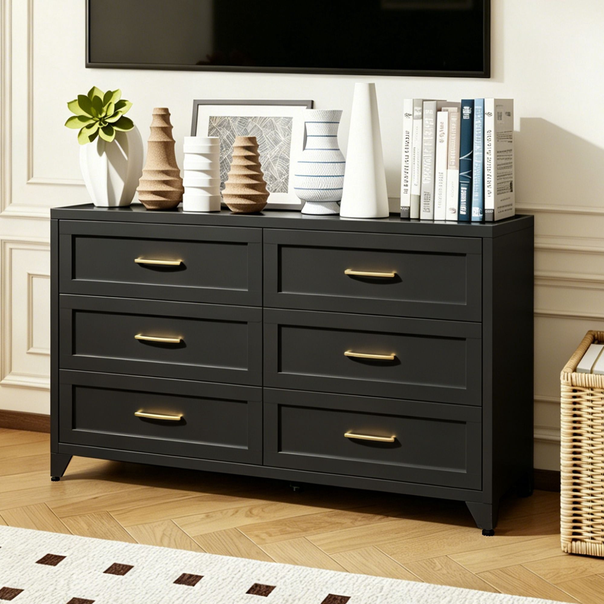 6 Drawer Metal Dresser, Steel Storage Chest with Smooth-Glide Drawers, 47.3 in Wide, 30 in High Low-Profile Cabinet for Bedroom, Closet, Hallway, Entryway