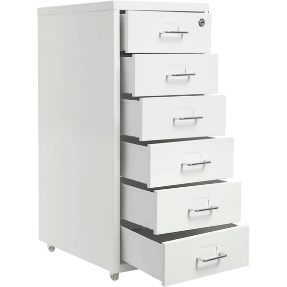 6-Drawer Metal File Cabinet, Mobile File Cabinet with Lock, Rolling Vertical File Cabinet Under Desk for Home Office, 11 * 16 * 27in (White)