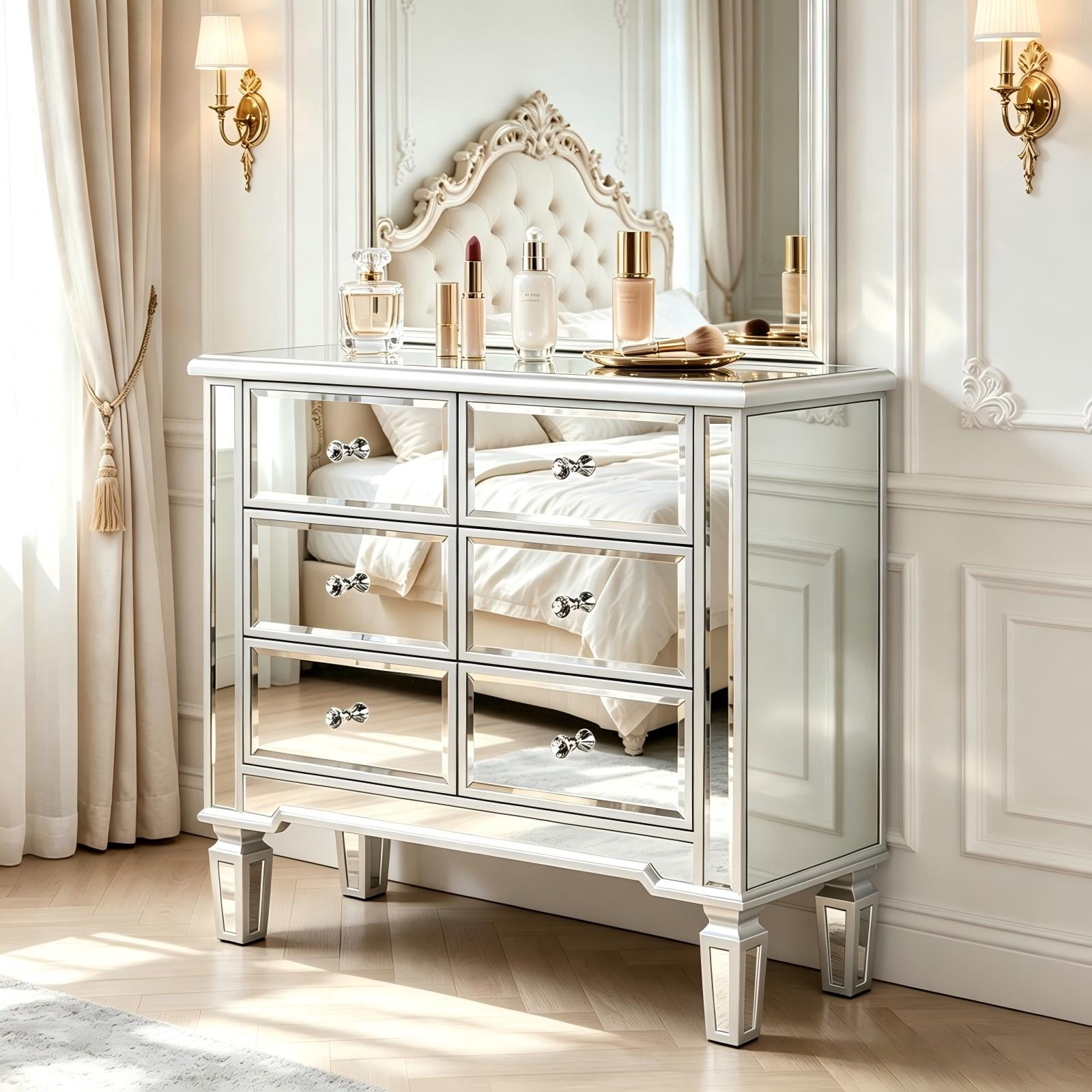 6-Drawer Mirrored Drawer Cabinet, MDF Storage Dresser with Mirror-Finish Drawer Fronts, Narrow Accent Chest for Bedroom, Dressing Room, Hallway or Vanity Area