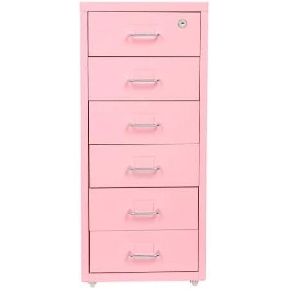 6 Drawer Mobile File Cabinet Vertical File Cabinet with Wheels Metal File Cabinet with Lock for Home Office, 11" D x 16" W x 27" H (Pink)