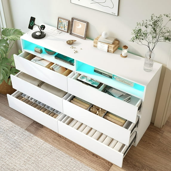 6 - Drawer Modern Double Dresser w/ Power Outlet & LED Lights | Open Shelving Wood Cabinet, Charging Station - Ideal Bedroom/Closet/Living Room Organizer