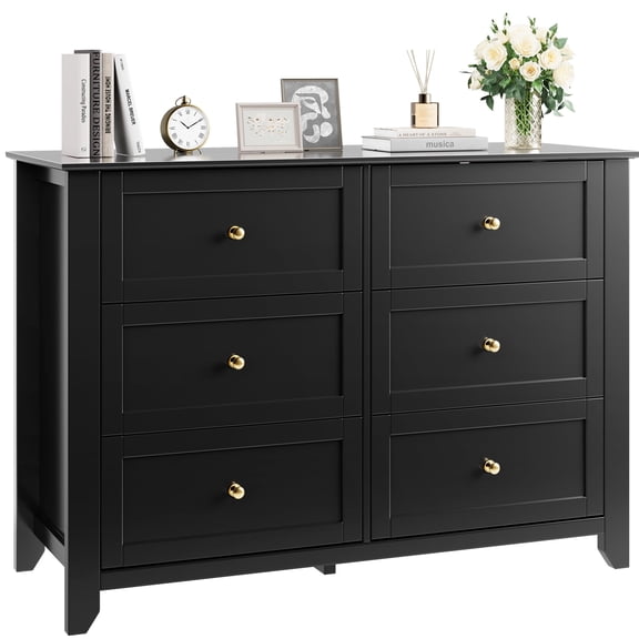 6-Drawer Modern Wooden Dresser with Metal Knobs & Deep Storage for Bedroom Living Room Entryway - Black