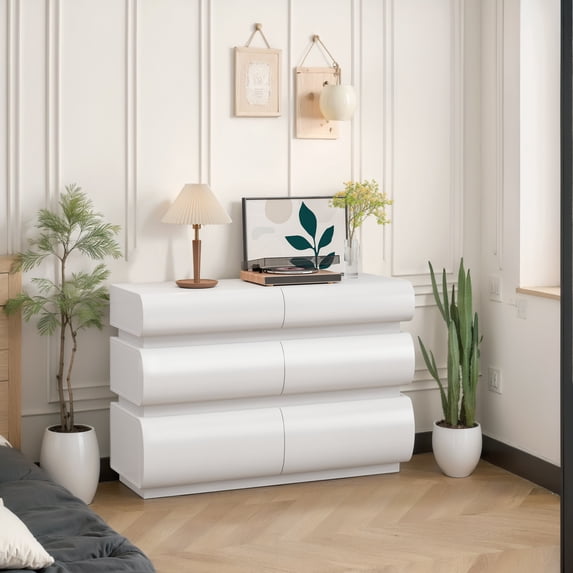 6-Drawer No-Handle Modern Wood Storage Dresser with Deep Sliding Drawers, Spacious Storage for Living Room, Hallway & Entryway, White Durable Design