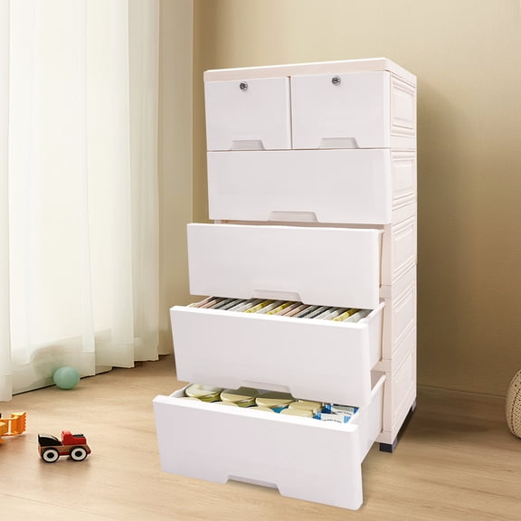 6-Drawer PP Storage Cabinet with Movable Pulleys & Lockable Keys - White Modern Design for Kitchen/Bathroom/Playroom Organization