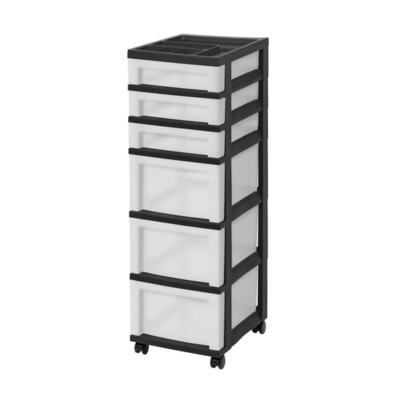 6-Drawer Plastic Storage Cart with Organizer Top and Wheels, Clear/Black Default
