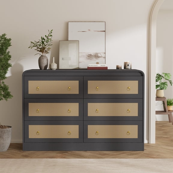 6 Drawer Rattan Dresser for Bedroom, Mid-Century Boho Chest of Drawers with Gold Handles&Rounded Corner Design,Large Storage Organizer for Living Room
