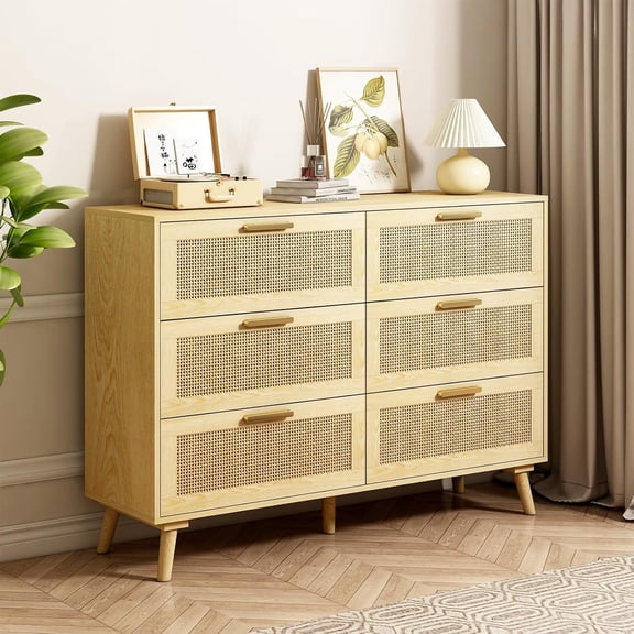 6 Drawer Rattan Dresser for Bedroom, Modern Storage Drawers with Metal Handle, Wood TV Stand and Cabinet for Living Room/Dining Room/Entryway, Natural Oak