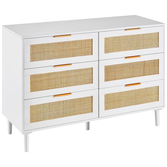 6 Drawer Rattan Dresser, Boho Dresser, Rattan Chest of Drawers with Spacious Storage, Natural Rattan Dresser for Bedroom, Living Room & Hallway,Rattan Nightstand with Sturdy Handles&Legs, White