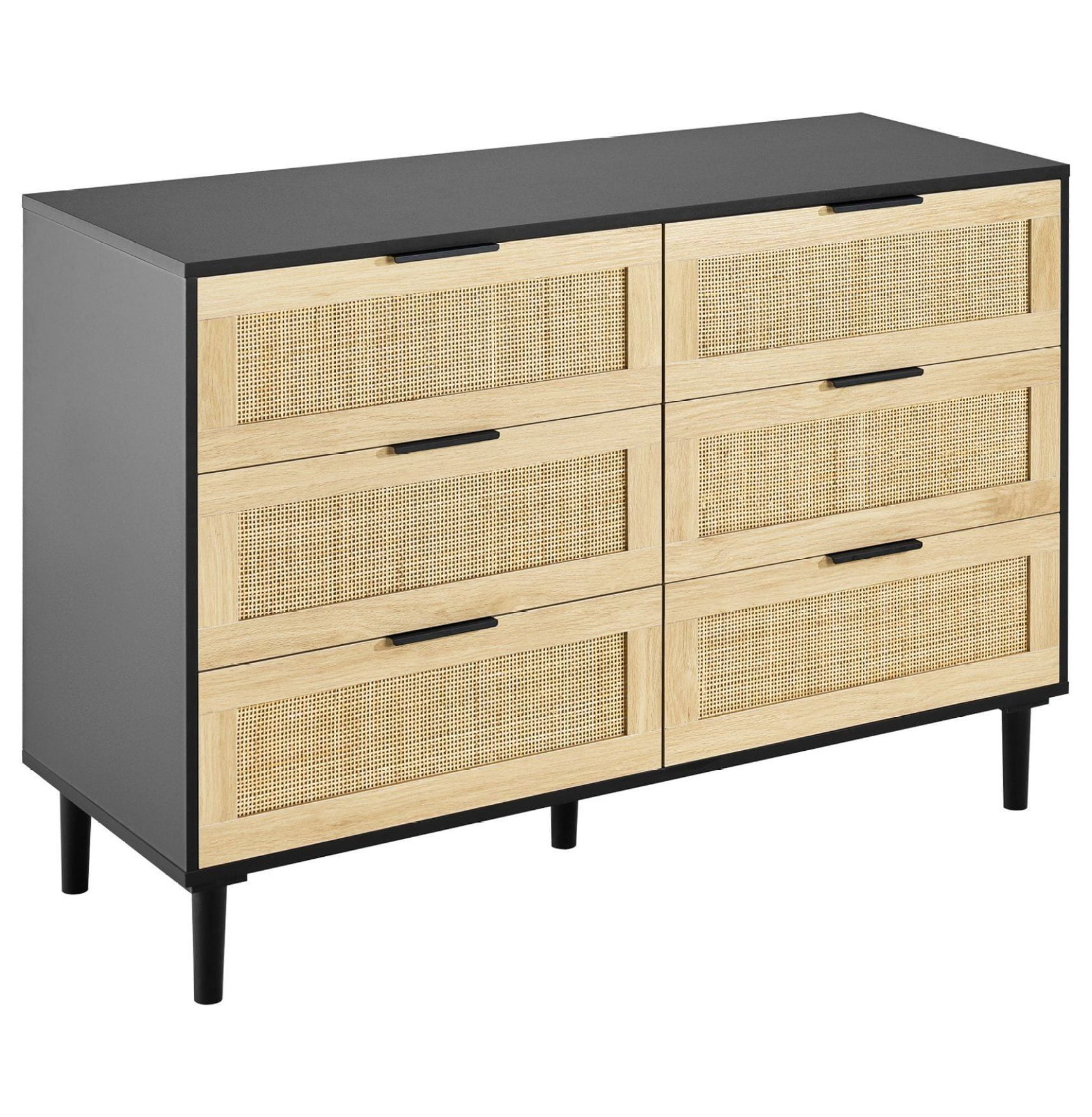 Rattan 6-Drawer Dresser - Boho Farmhouse Storage Chest In Walnut Finish