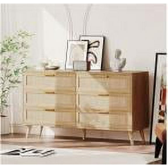 6 Drawer Rattan Dresser with Large Table Top,Mid Century Modern Dresser for Closet Dresser Bedroom, Living Room, Hallway, Entryway,47.2" x 15.7" x 29.5"