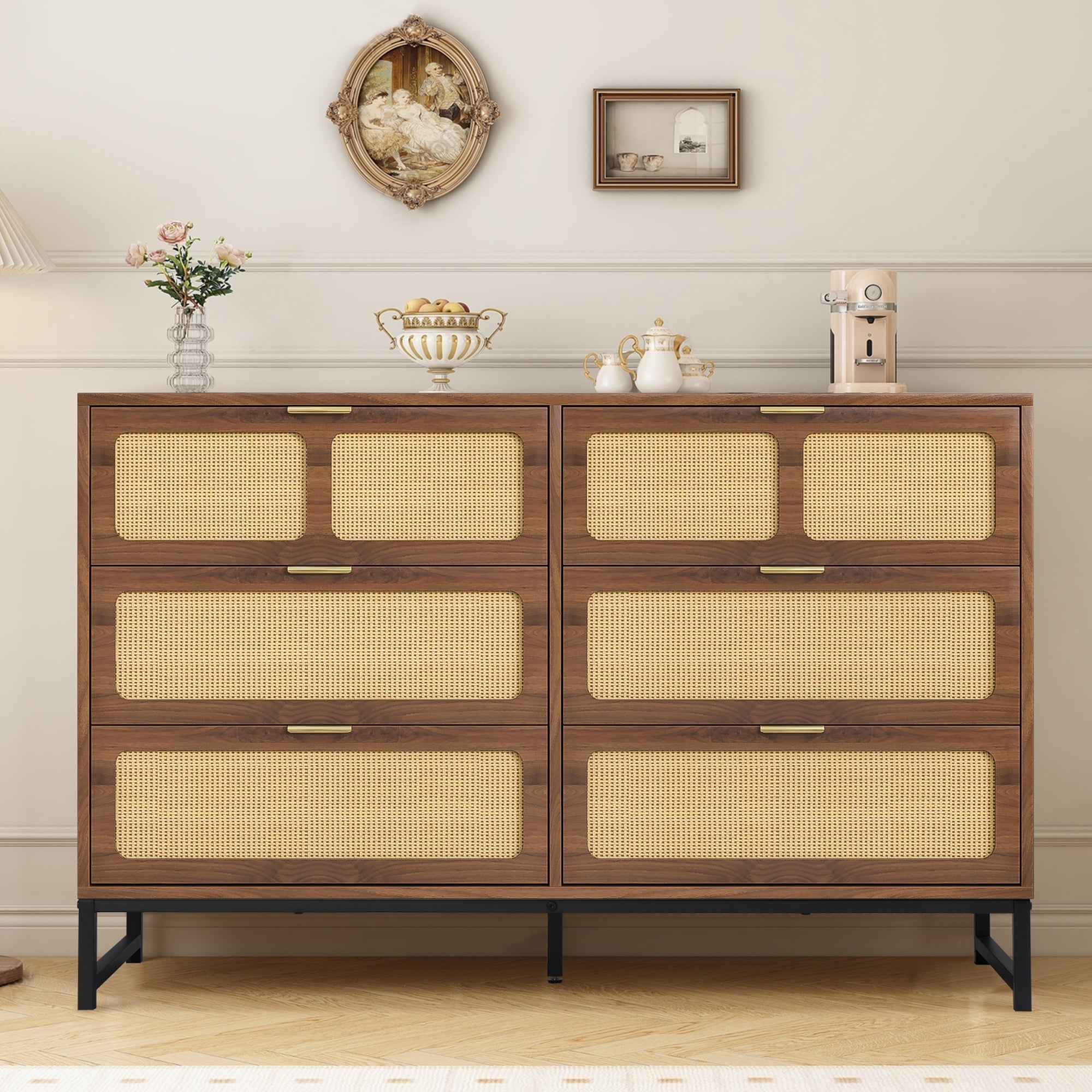 6 Drawer Rattan Dresser Modern Dresser with Rattan Drawers Farmhouse ...