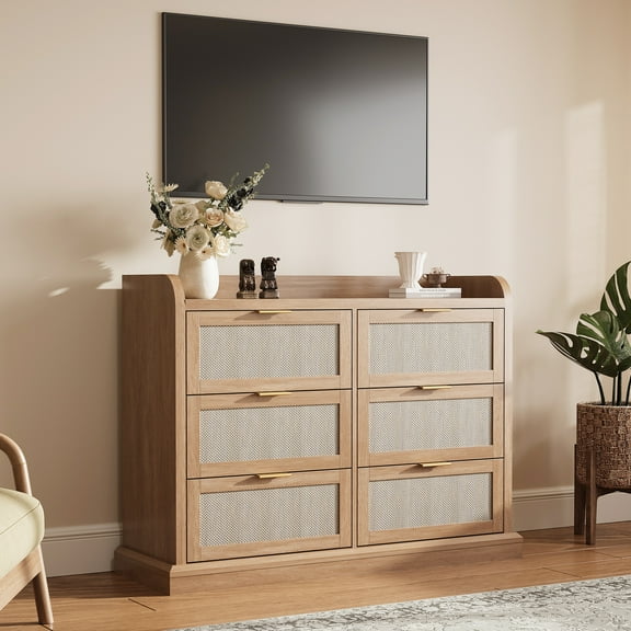 6 Drawer Rattan Dresser for Bedroom, 47.2"W  Chest of Drawers with Metal Handles, Wooden Clothes Storage Organizer, Dresser TV Stand for Hallway