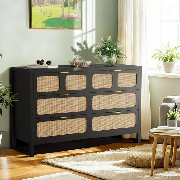 6-Drawer Rattan Dresser for Bedroom – FarmhouseStorage Chest with Metal Handles, Vintage Organizer for Living Room, Hallway, Entryway